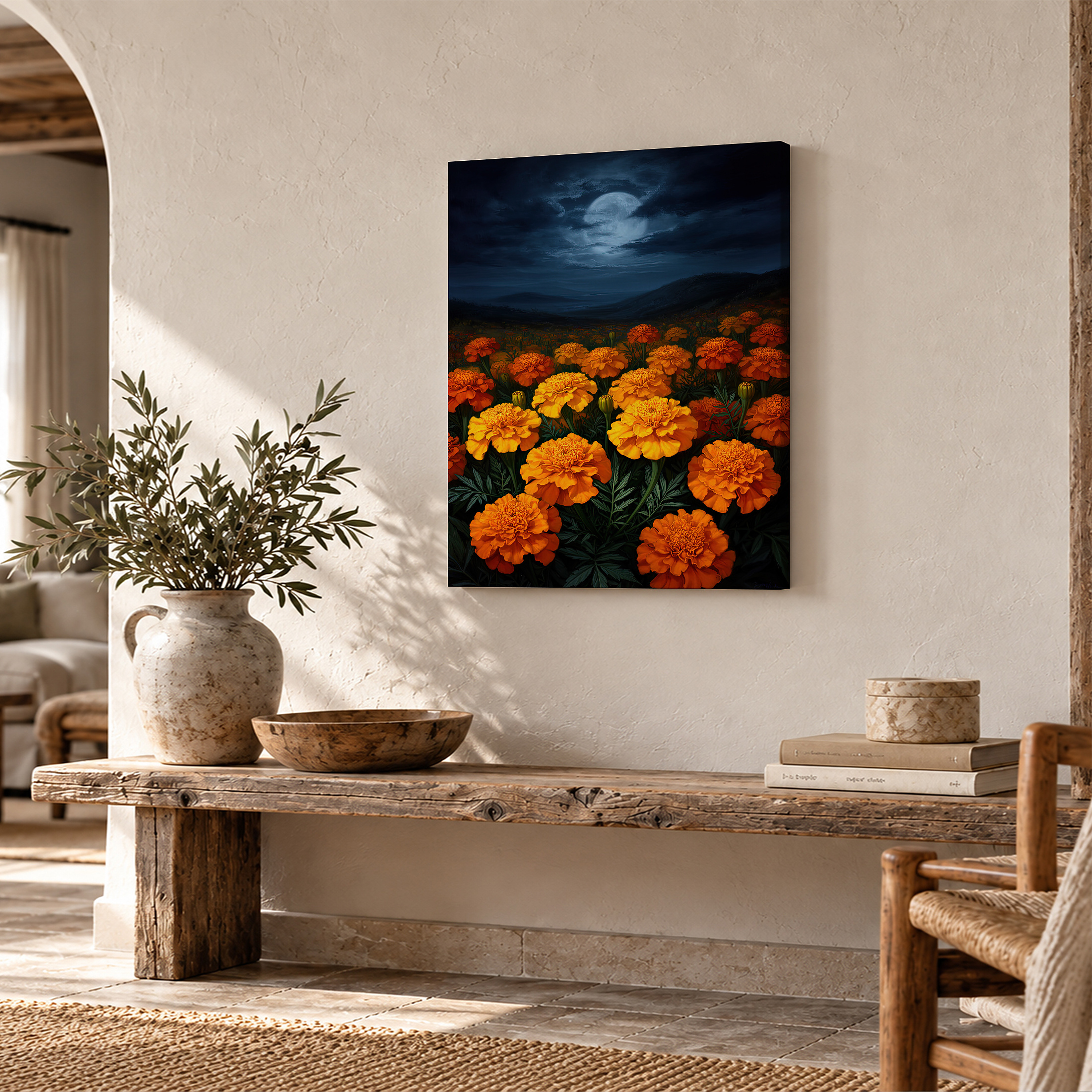 Moonlit Marigold Field Framed Canvas Wall Art - Ready to Hang - Image 2
