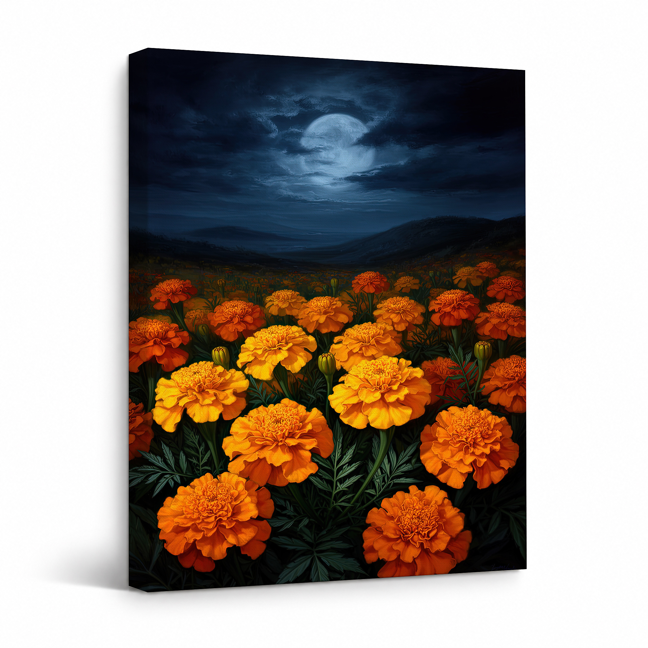 Moonlit Marigold Field Framed Canvas Wall Art - Ready to Hang