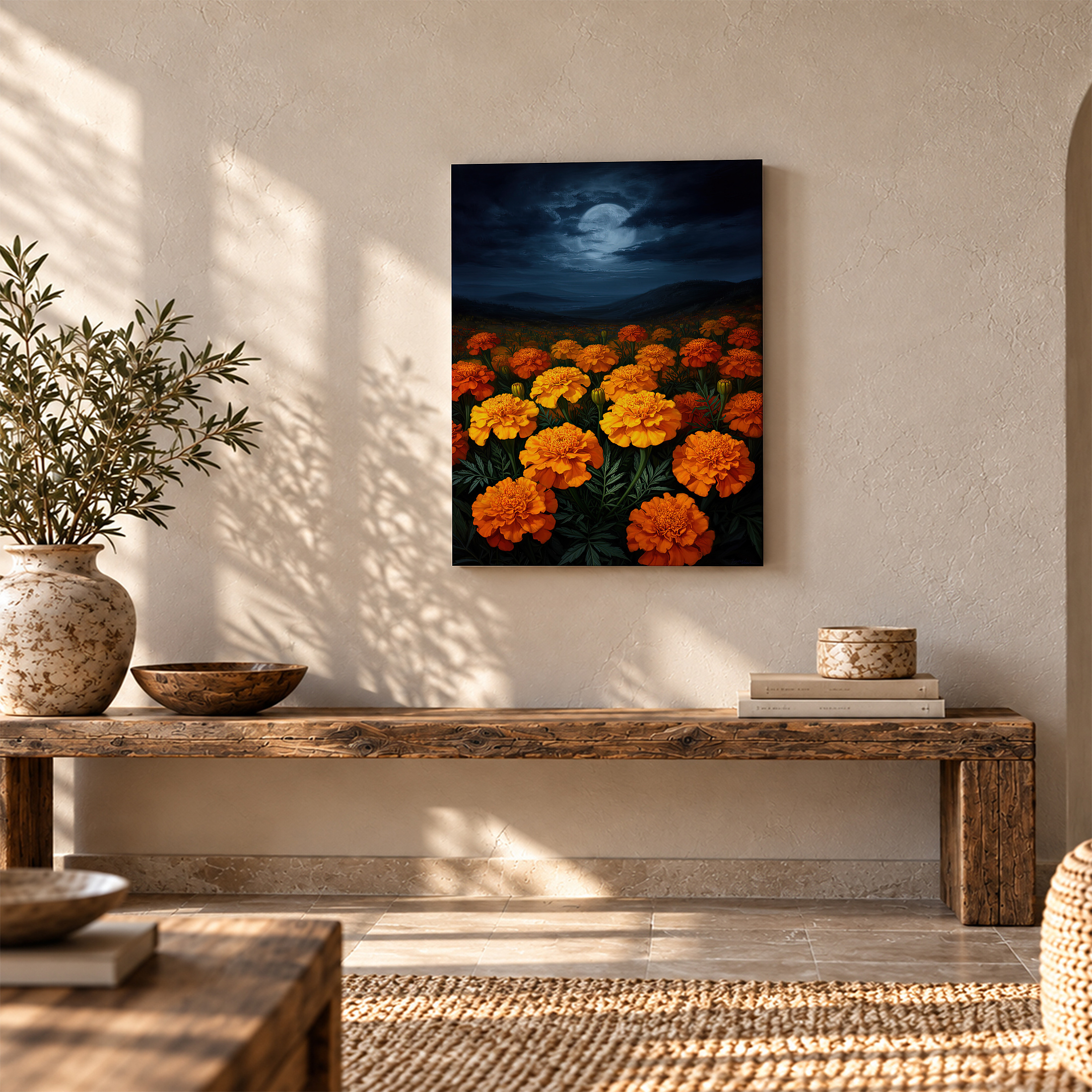 Moonlit Marigold Field Framed Canvas Wall Art - Ready to Hang - Image 5