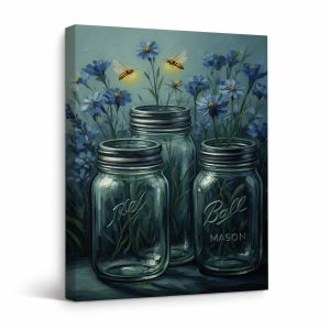 Blue Floral Mason Jars with Bees Framed Canvas Wall Art