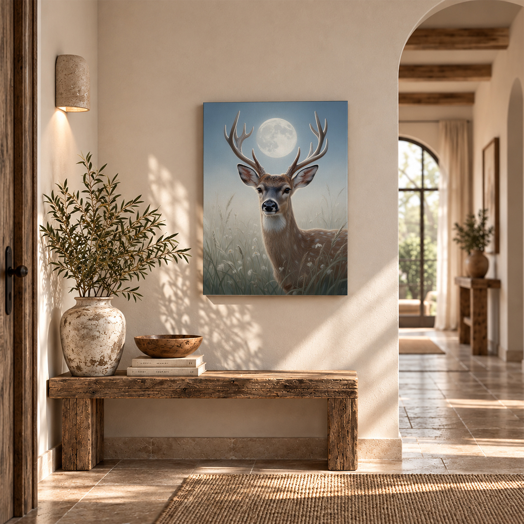 Moonlit Deer in Meadow Framed Canvas Wall Art - Ready to Hang - Image 6