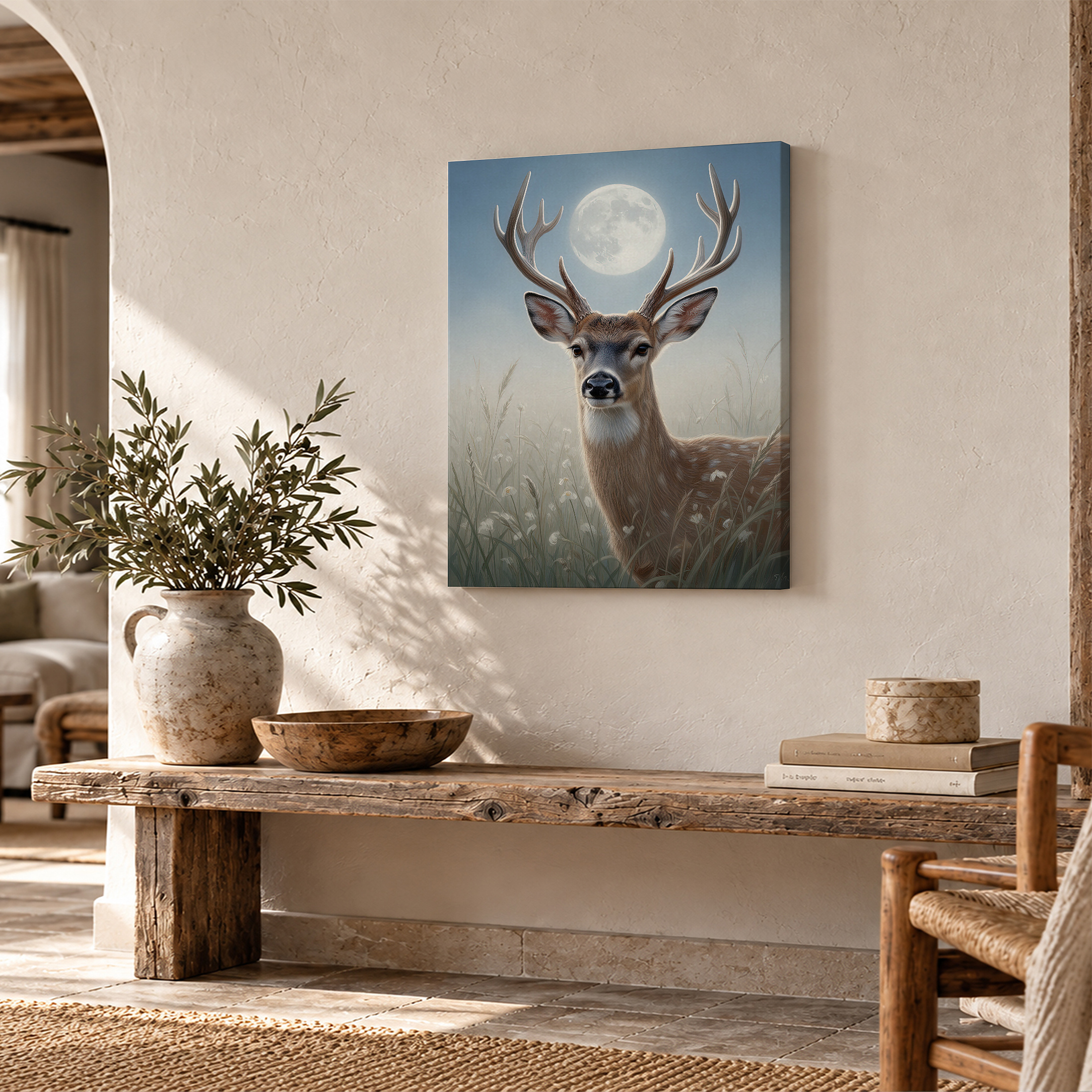 Moonlit Deer in Meadow Framed Canvas Wall Art - Ready to Hang - Image 2