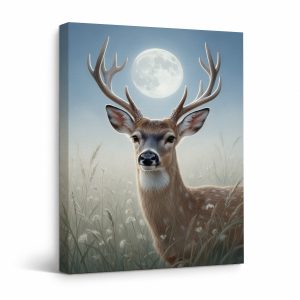 Moonlit Deer in Meadow Framed Canvas Wall Art - Ready to Hang