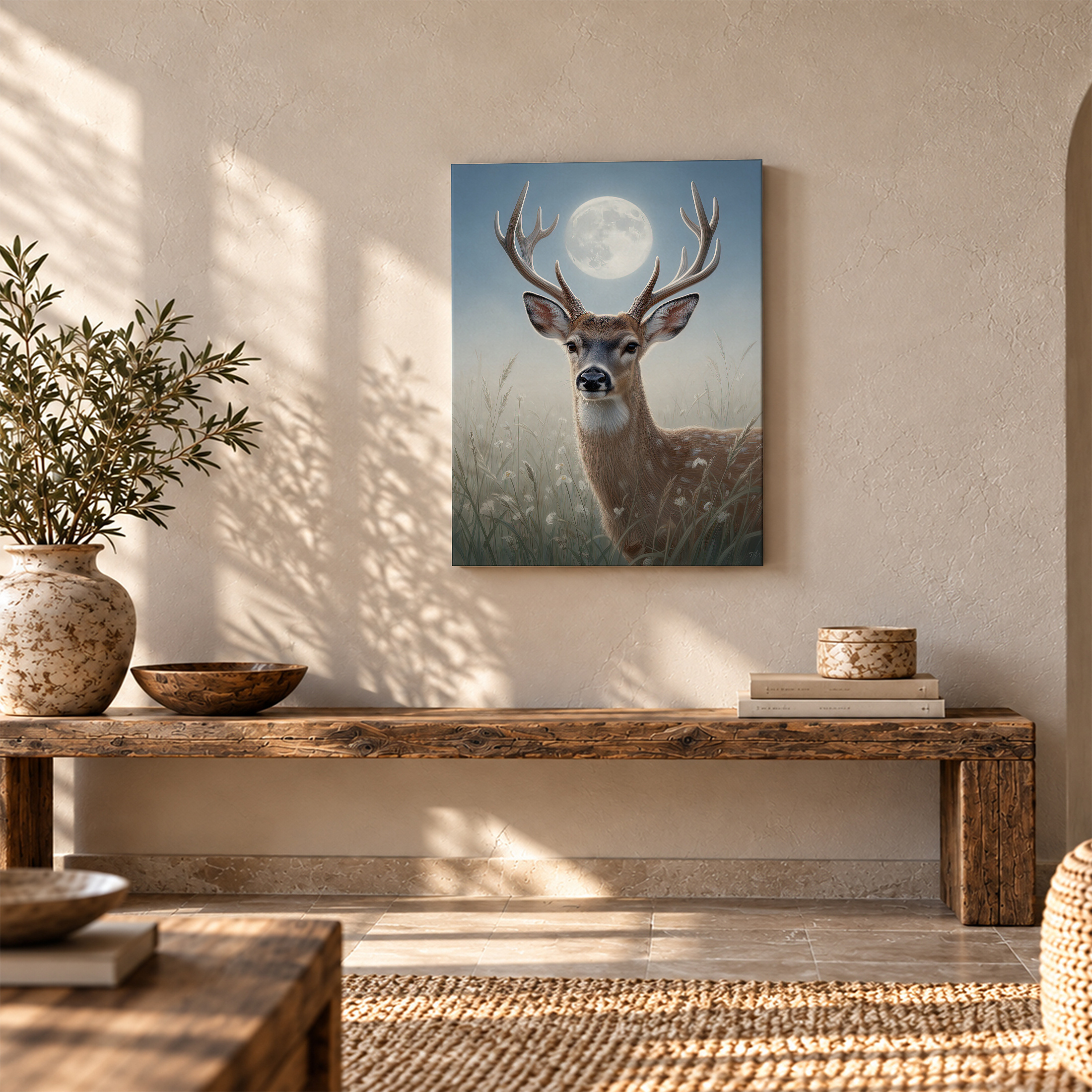 Moonlit Deer in Meadow Framed Canvas Wall Art - Ready to Hang - Image 5