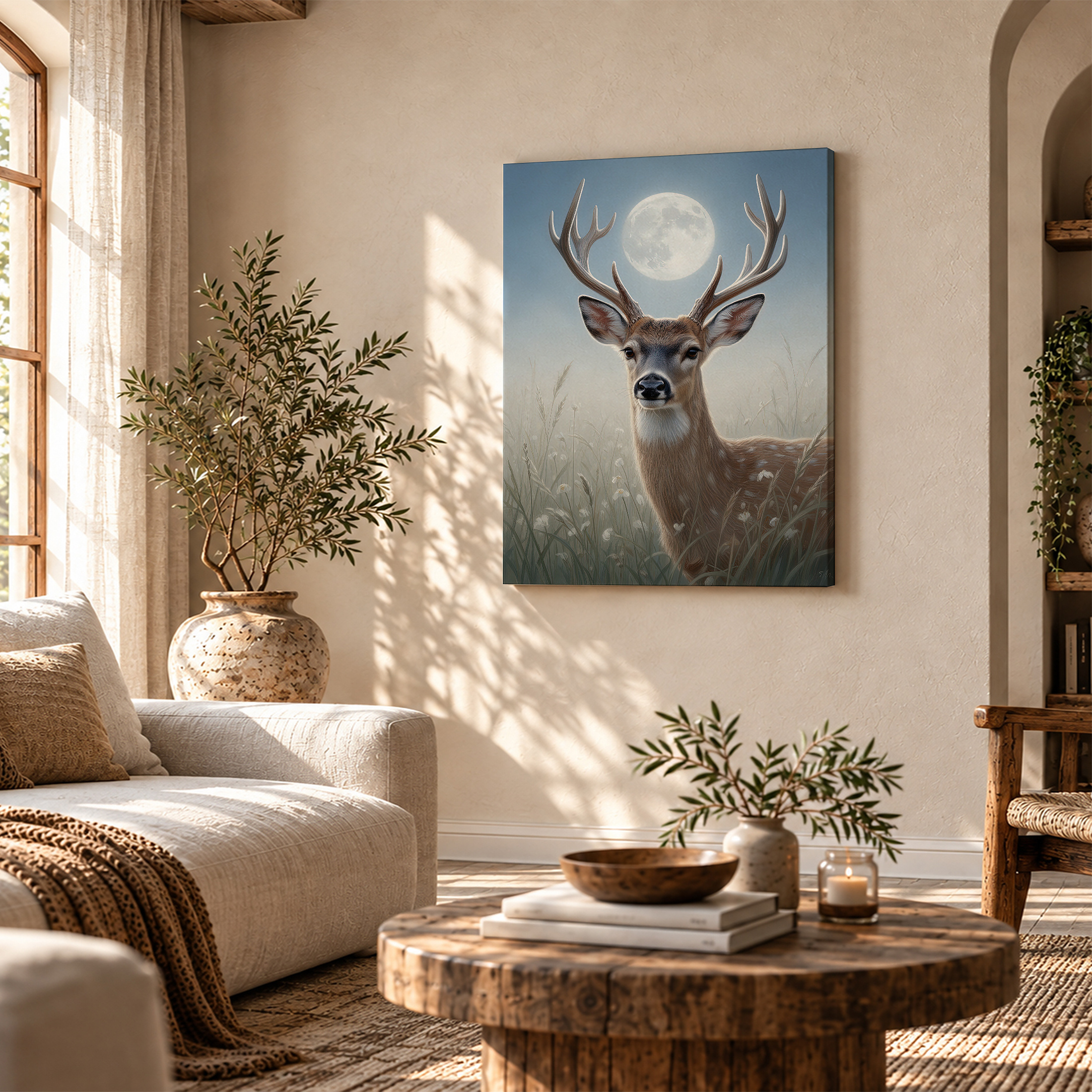 Moonlit Deer in Meadow Framed Canvas Wall Art - Ready to Hang - Image 4