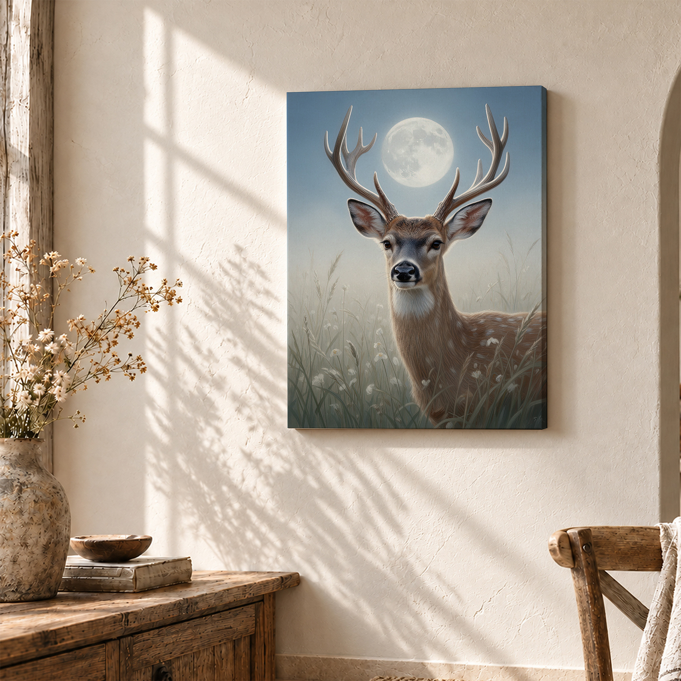 Moonlit Deer in Meadow Framed Canvas Wall Art - Ready to Hang - Image 3