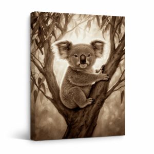 Koala in Tree Sepia Framed Canvas Wall Art - Ready to Hang