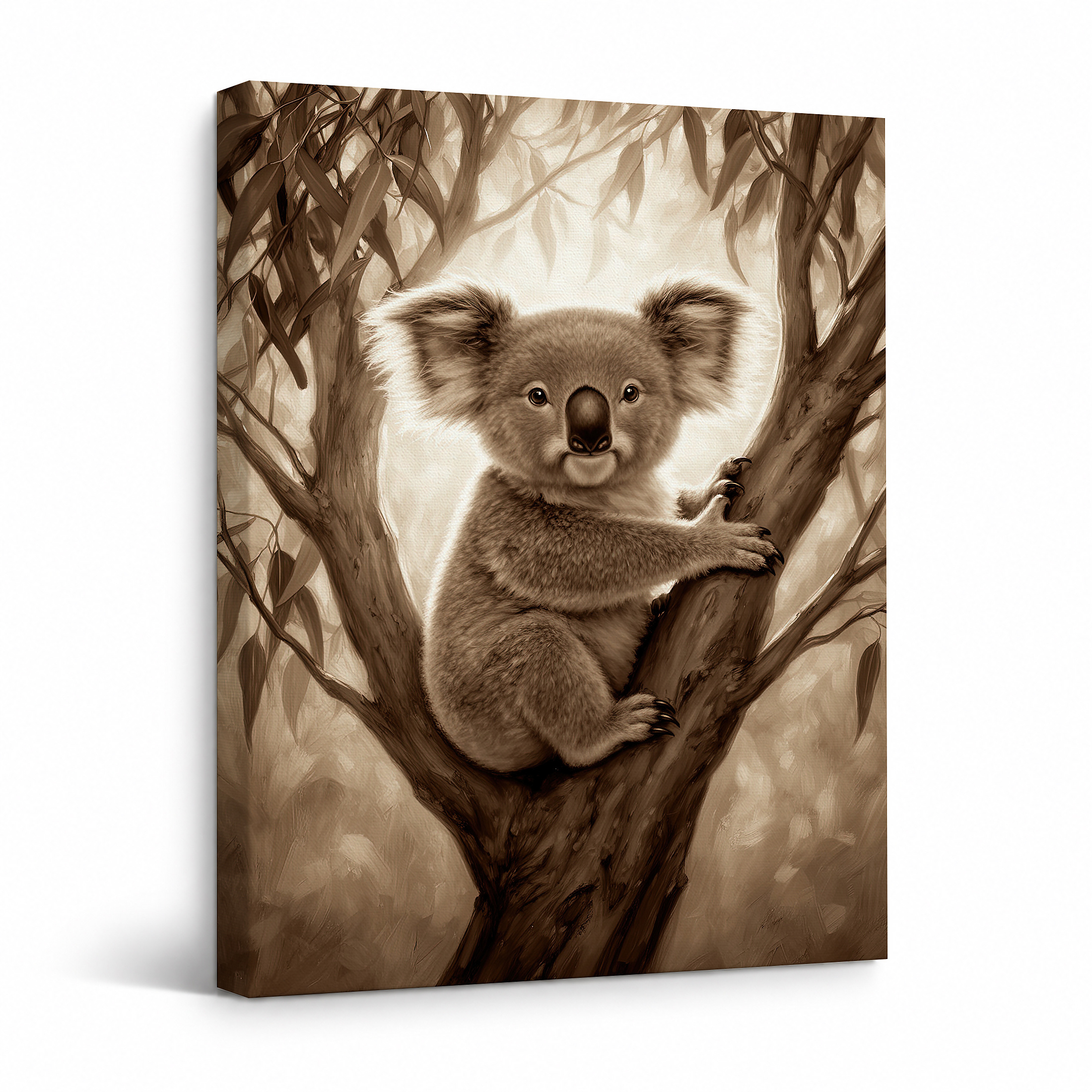Koala in Tree Sepia Framed Canvas Wall Art - Ready to Hang
