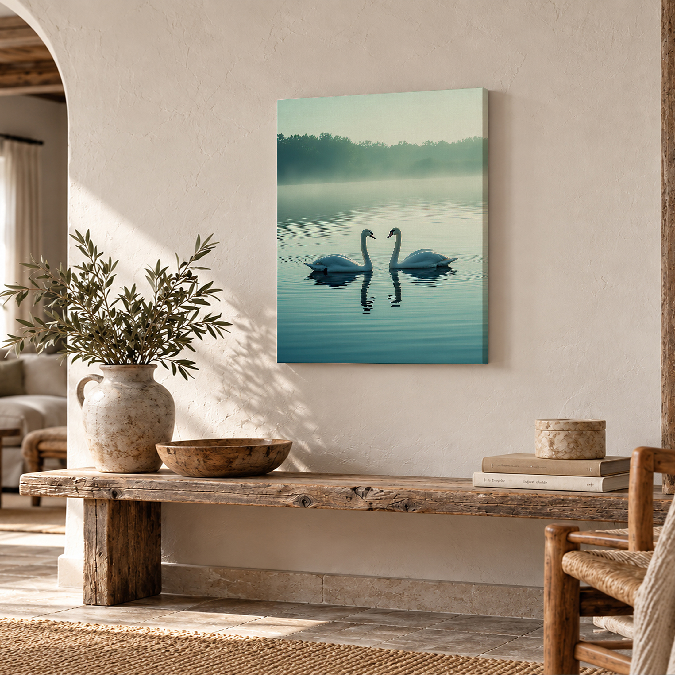 Serene Swan Lake Framed Canvas Wall Art | Misty Forest Decor - Image 2