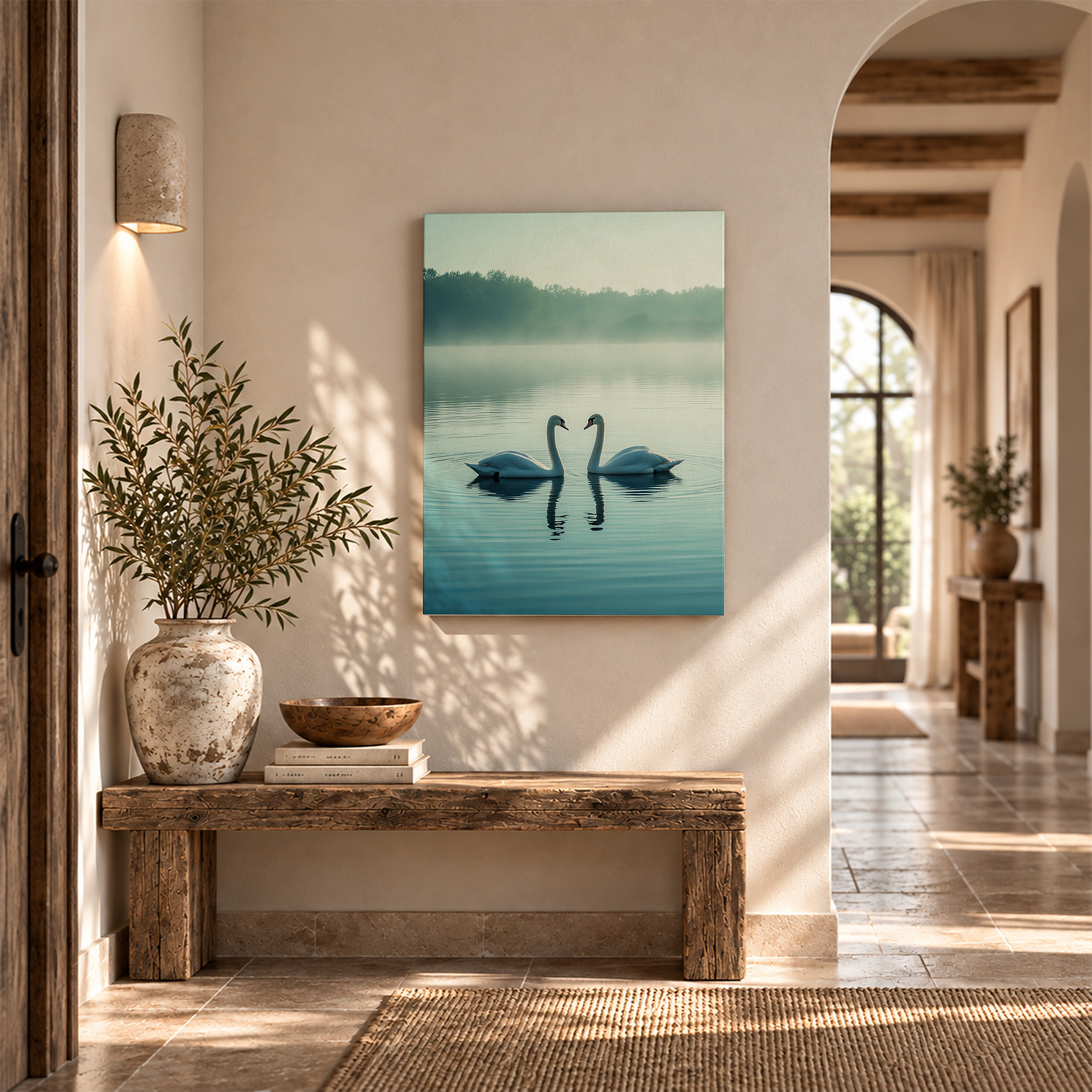 Serene Swan Lake Framed Canvas Wall Art | Misty Forest Decor - Image 6