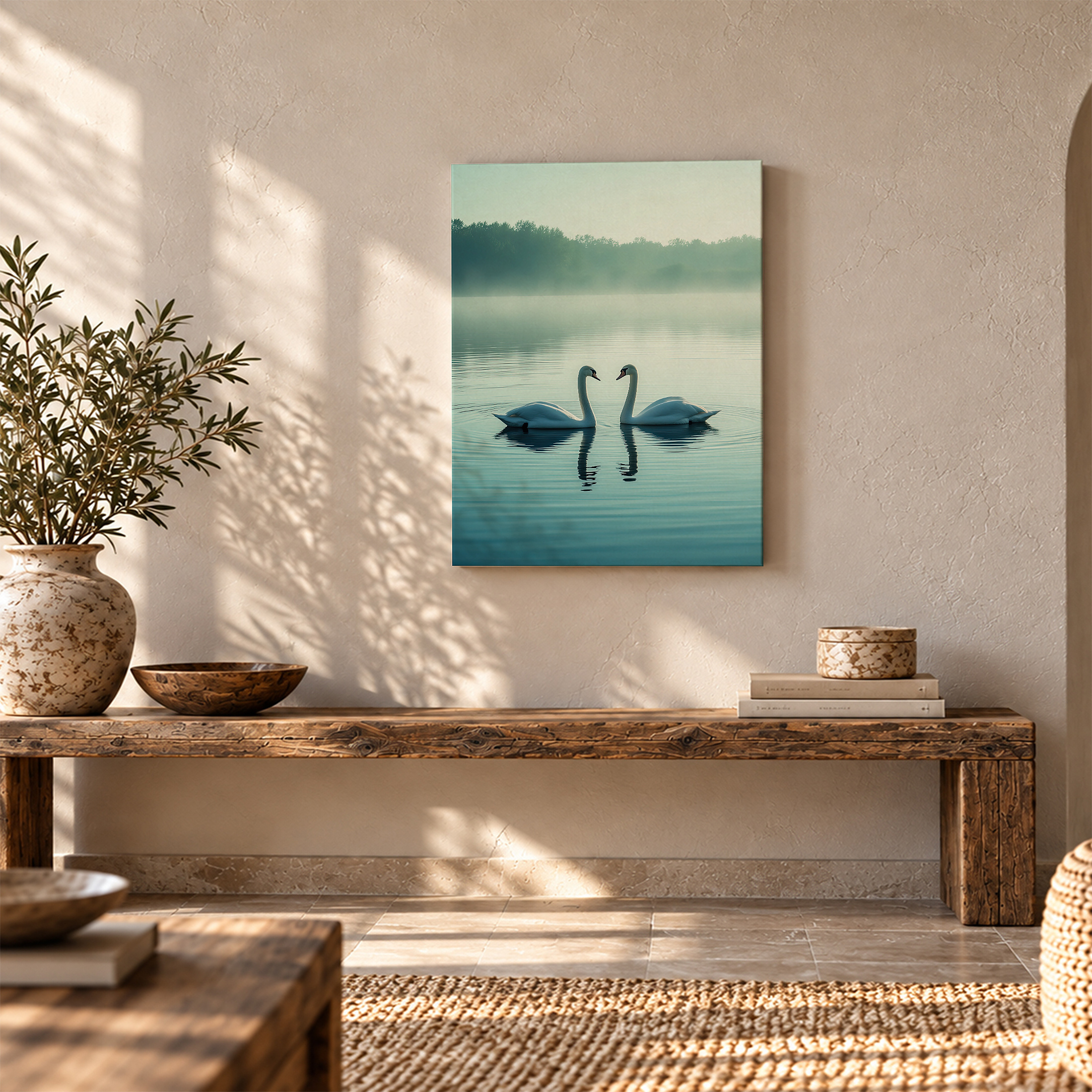 Serene Swan Lake Framed Canvas Wall Art | Misty Forest Decor - Image 5