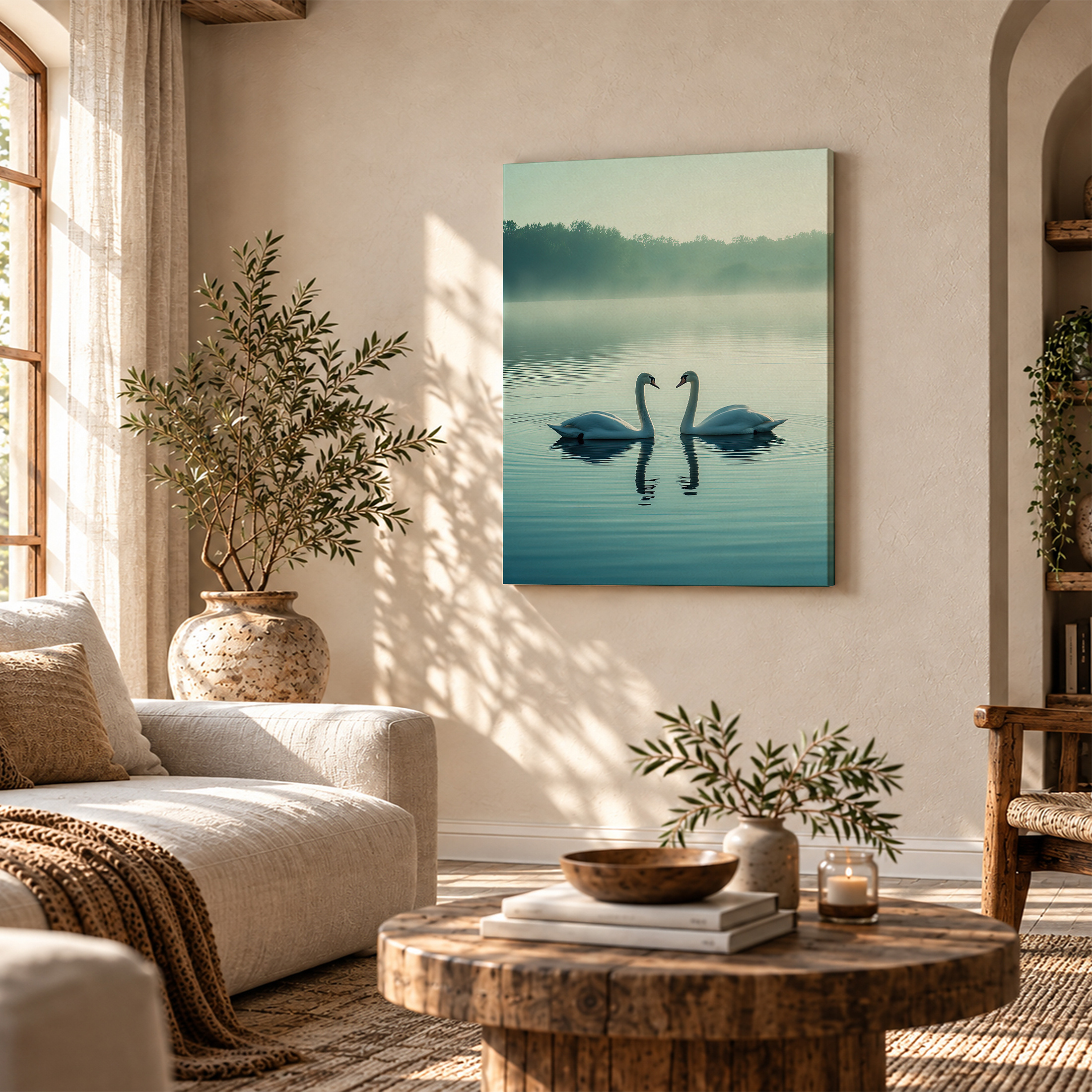 Serene Swan Lake Framed Canvas Wall Art | Misty Forest Decor - Image 4