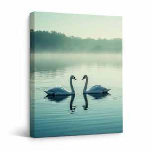 Serene Swan Lake Framed Canvas Wall Art | Misty Forest Decor