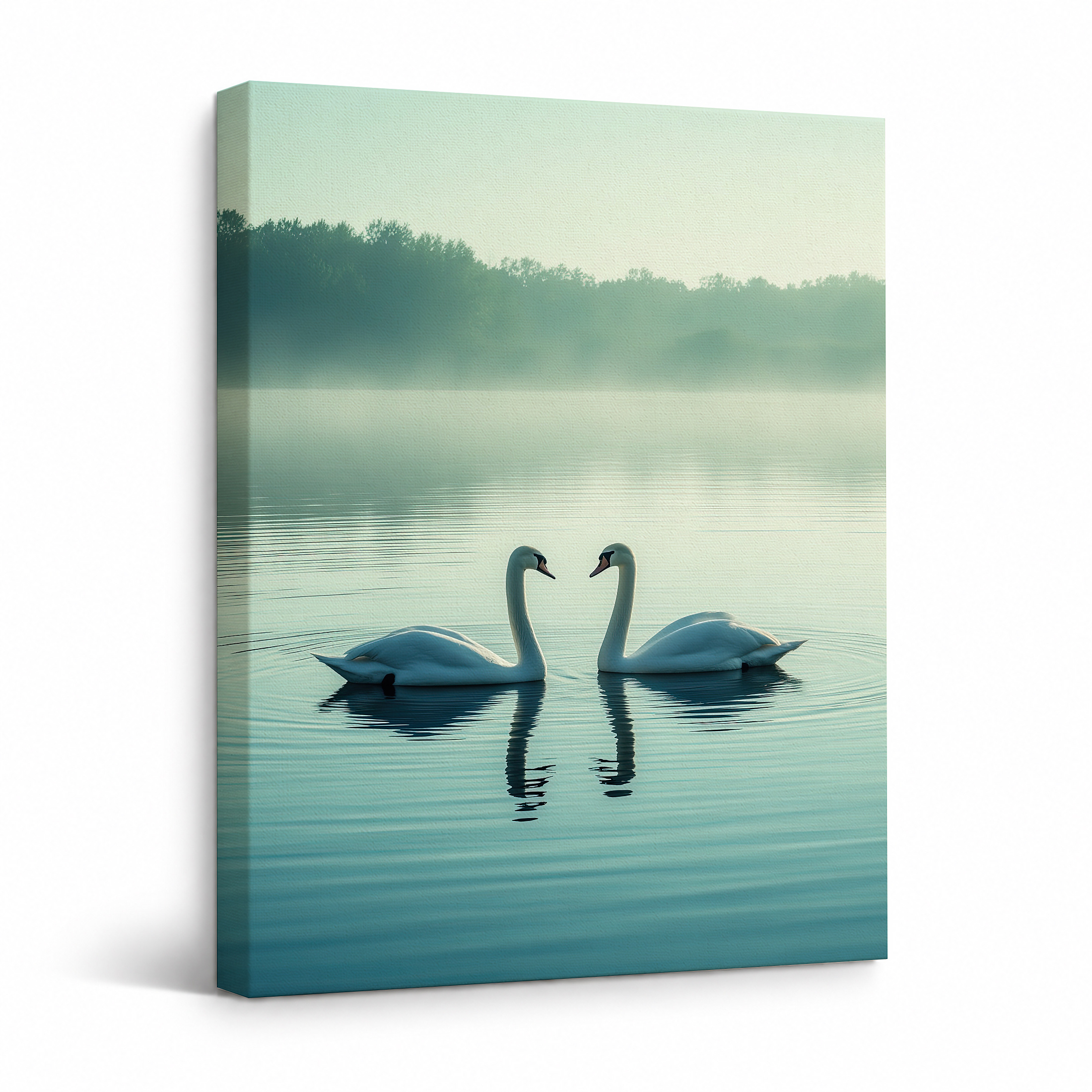 Serene Swan Lake Framed Canvas Wall Art | Misty Forest Decor