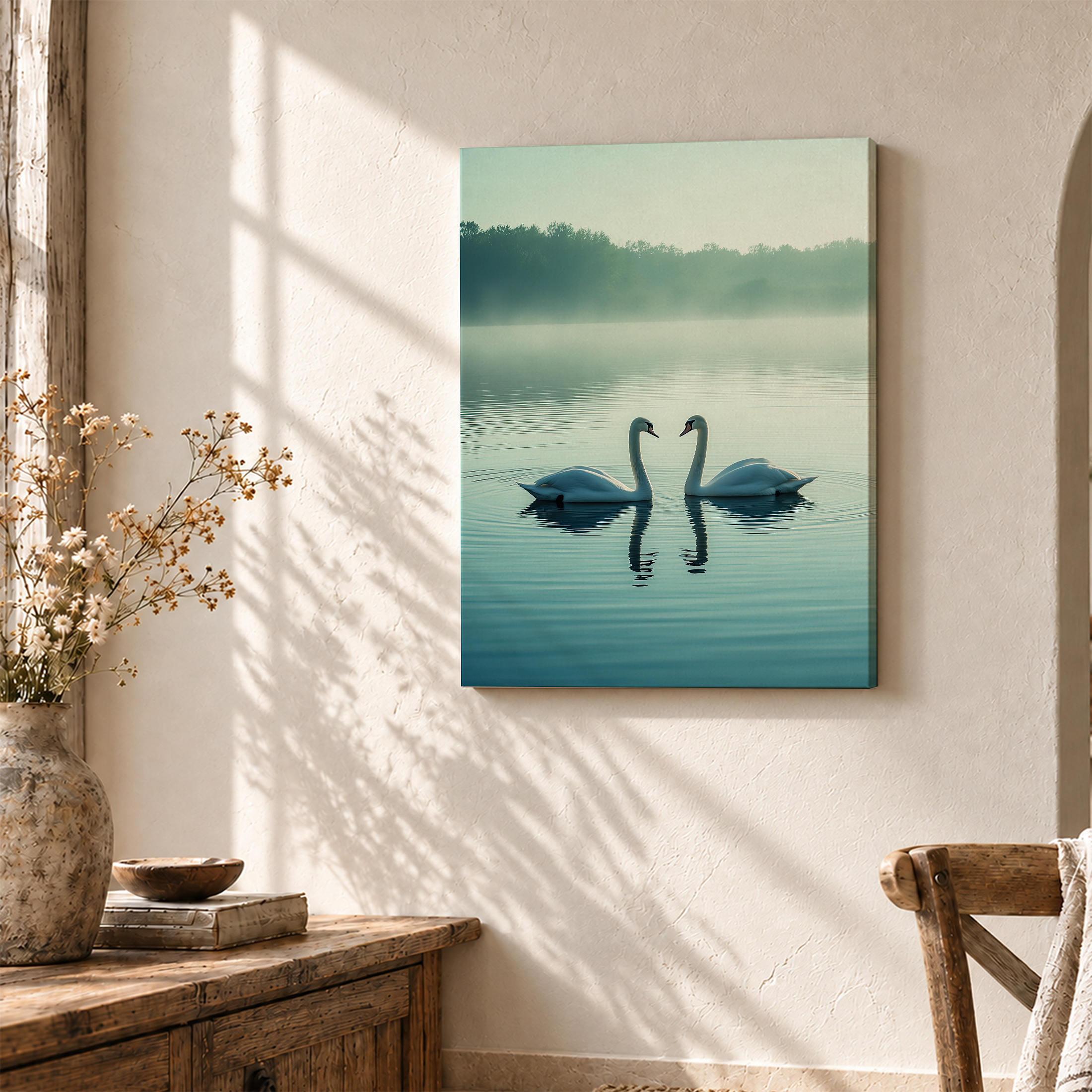 Serene Swan Lake Framed Canvas Wall Art | Misty Forest Decor - Image 3
