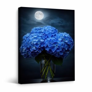 Blue Hydrangeas Moonlit Night Framed Canvas Wall Art