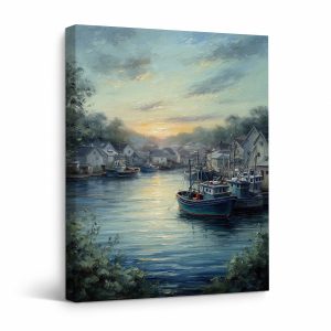 Coastal Sunset Harbor Framed Canvas Wall Art - Serene Nautical Home Decor