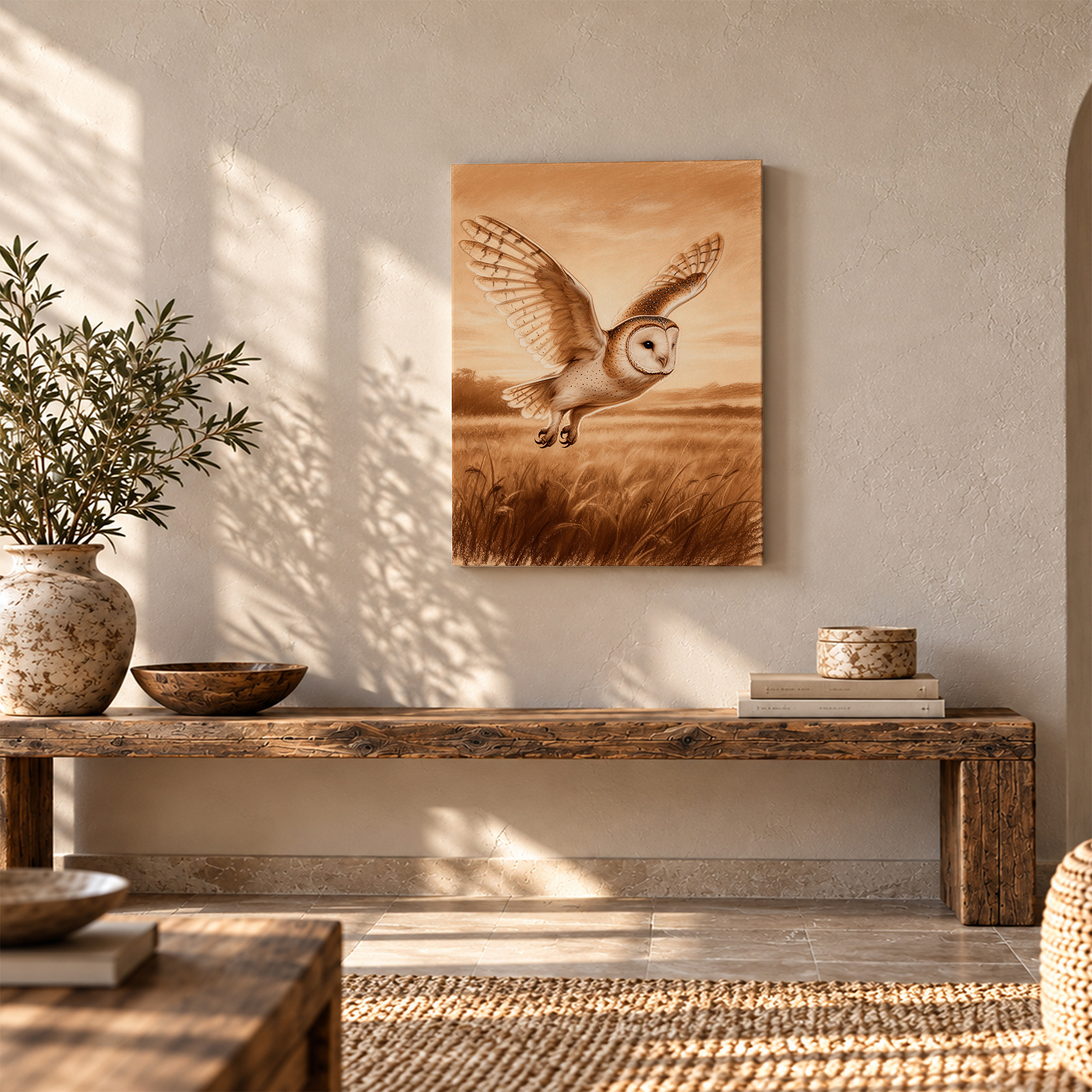 Barn Owl in Flight Sepia Field Framed Canvas Wall Art - Image 5