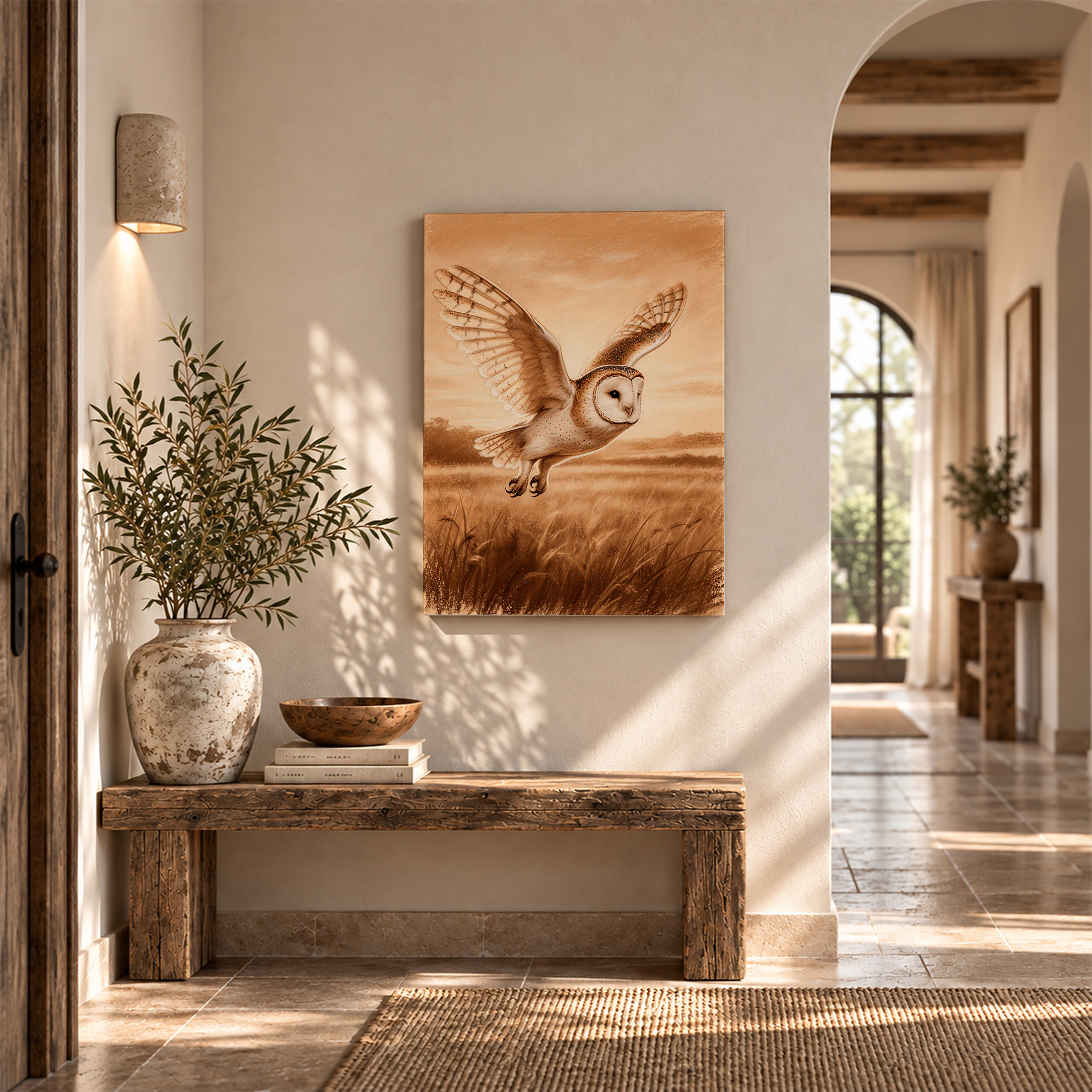 Barn Owl in Flight Sepia Field Framed Canvas Wall Art - Image 6