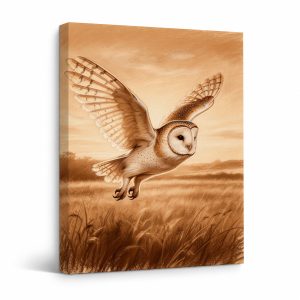 Barn Owl in Flight Sepia Field Framed Canvas Wall Art