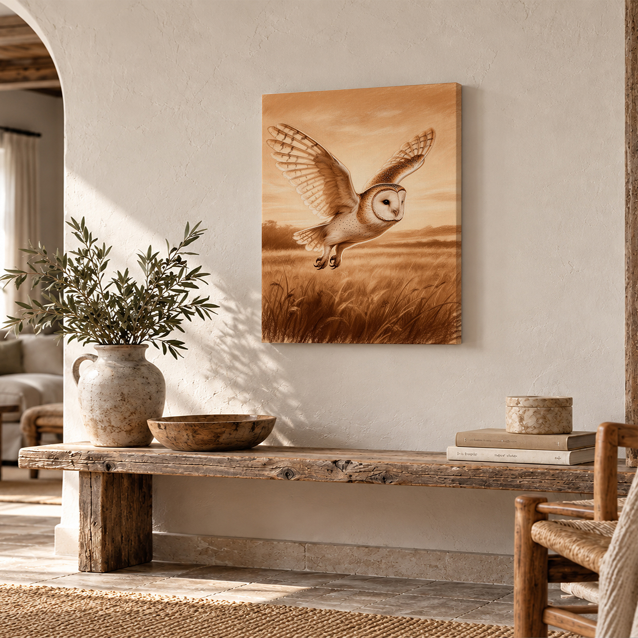 Barn Owl in Flight Sepia Field Framed Canvas Wall Art - Image 2