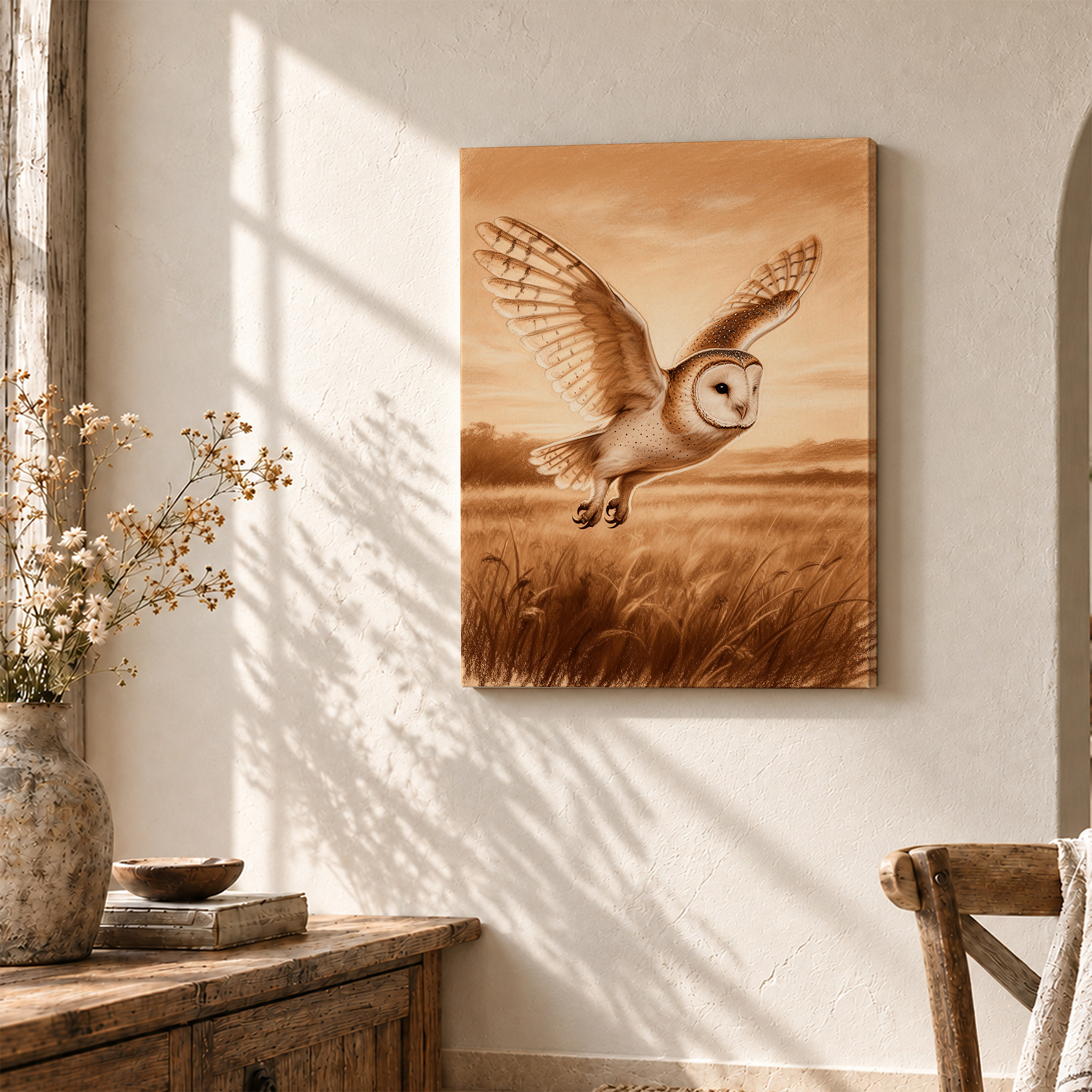 Barn Owl in Flight Sepia Field Framed Canvas Wall Art - Image 3