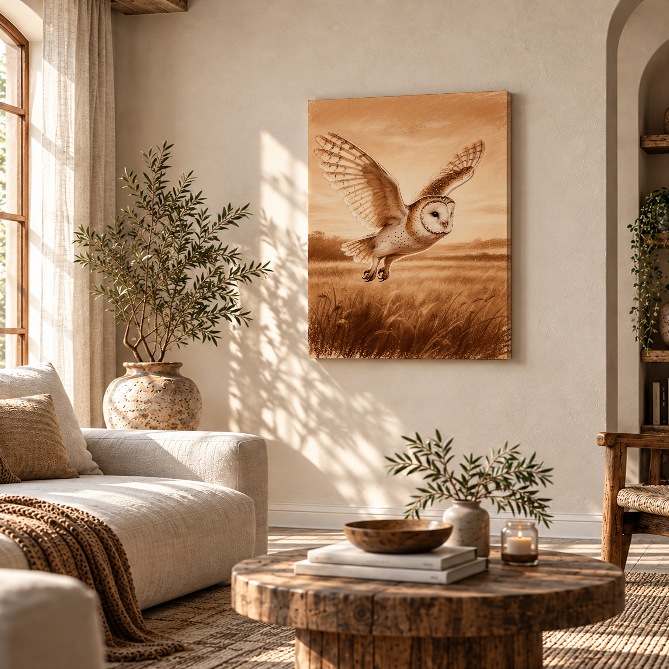 Barn Owl in Flight Sepia Field Framed Canvas Wall Art - Image 4