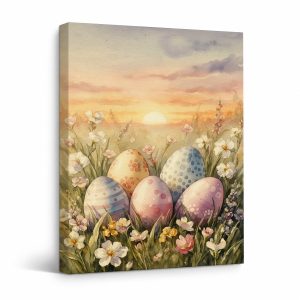 Easter Eggs in Pastel Field Sunset Framed Canvas Wall Art
