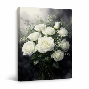 Misty White Rose Bouquet Framed Canvas Wall Art | Ready to Hang