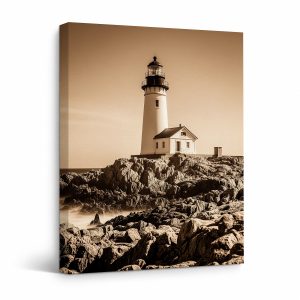 Vintage Sepia Lighthouse Framed Canvas Wall Art - Ready to Hang