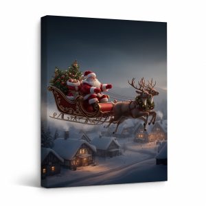 Christmas Santa Sleigh Framed Canvas Wall Art - Ready to Hang