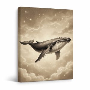 Celestial Whale in Sepia Sky Framed Canvas Wall Art