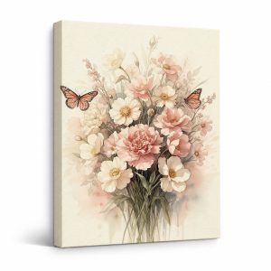 Pink Floral Bouquet with Butterflies Framed Canvas Wall Art