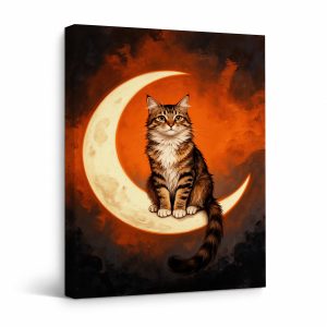 Cat on Crescent Moon Framed Canvas Wall Art | Ready to Hang