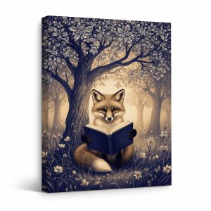 Fox Reading Book in Enchanted Forest Framed Canvas Wall Art