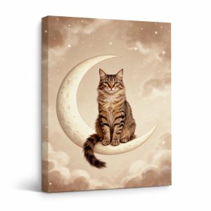 Moon Cat on Crescent Moon Framed Canvas Wall Art
