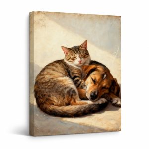 Cuddling Cat & Dog Peaceful Cozy Scene Framed Canvas Wall Art