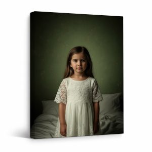 Vintage Portrait of Little Girl in White Dress Framed Canvas Wall Art