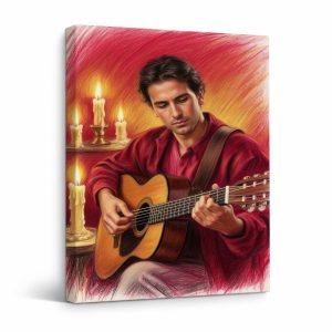 Guitarist with Candles Framed Canvas Wall Art - Ready to Hang