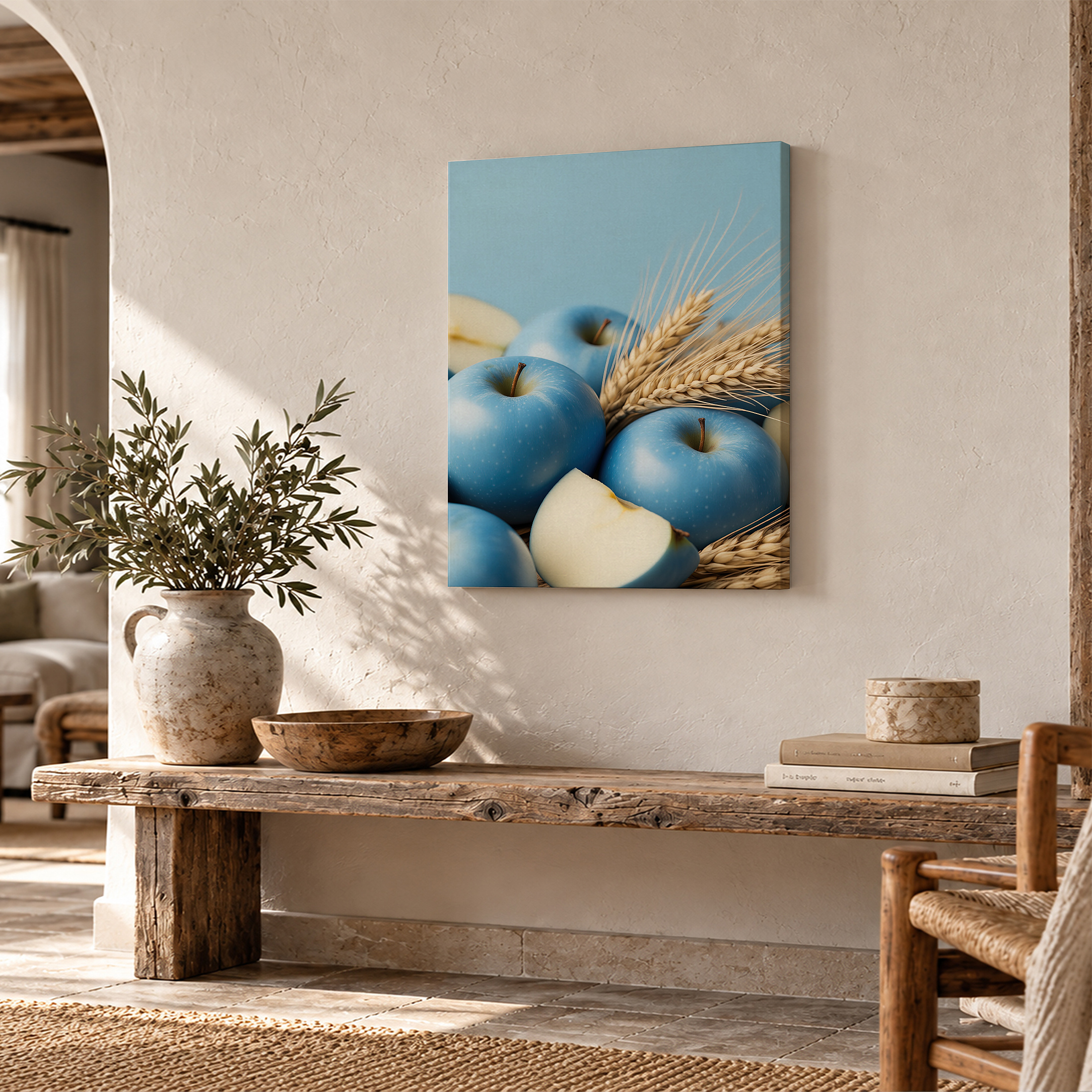 Blue Apples & Wheat Harvest Framed Canvas Wall Art - Ready to Hang - Image 2