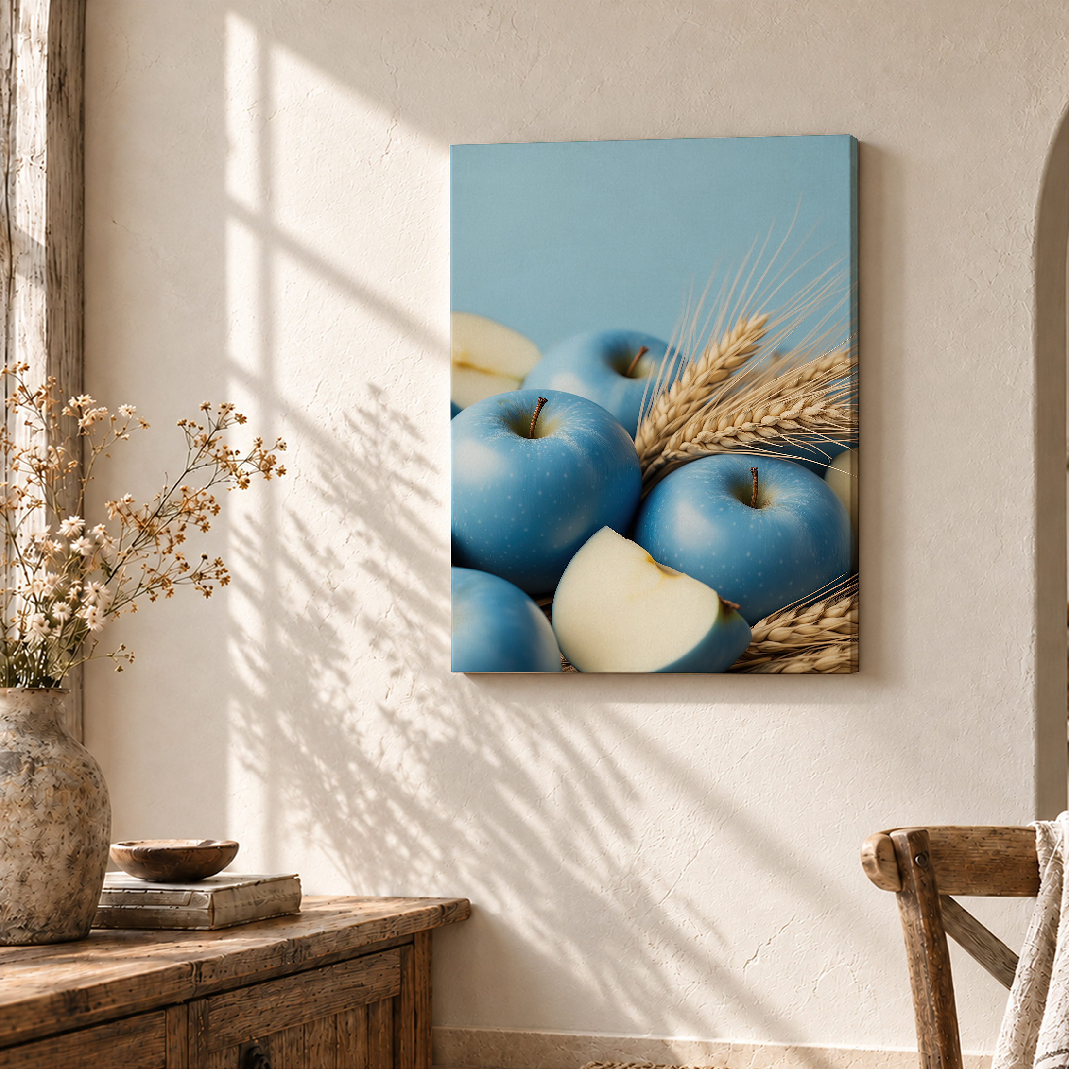 Blue Apples & Wheat Harvest Framed Canvas Wall Art - Ready to Hang - Image 3