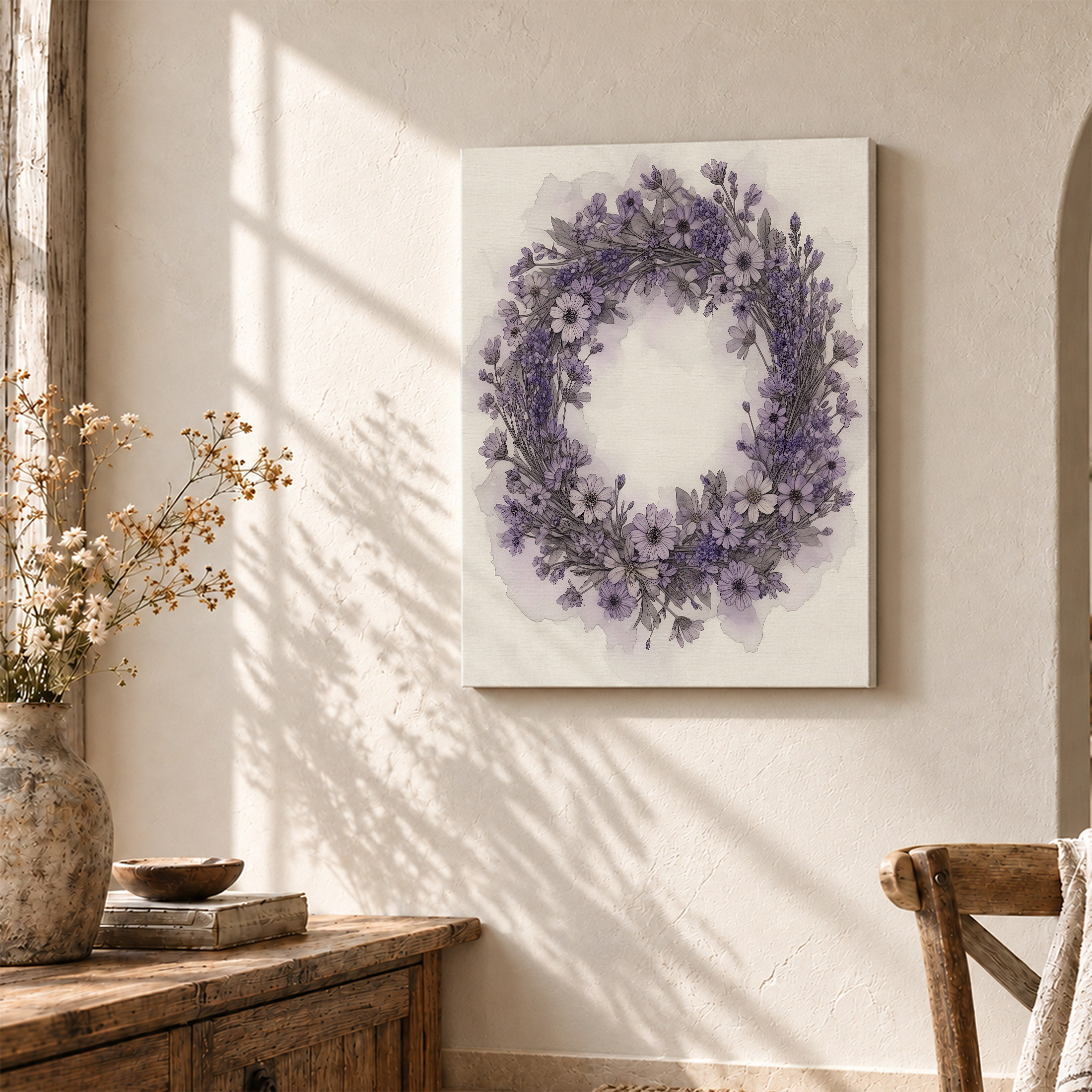 Purple Floral Wreath Framed Canvas Wall Art - Serene Watercolor Decor - Image 3