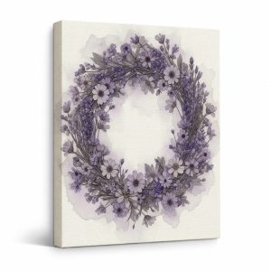 Purple Floral Wreath Framed Canvas Wall Art - Serene Watercolor Decor