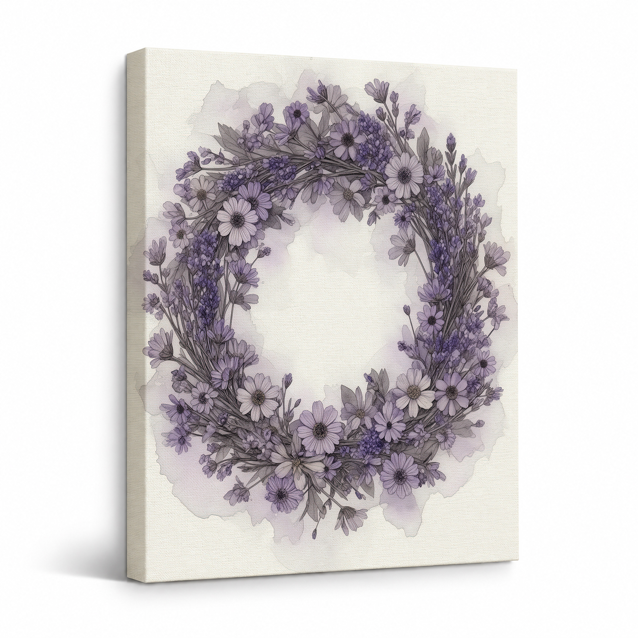 Purple Floral Wreath Framed Canvas Wall Art - Serene Watercolor Decor