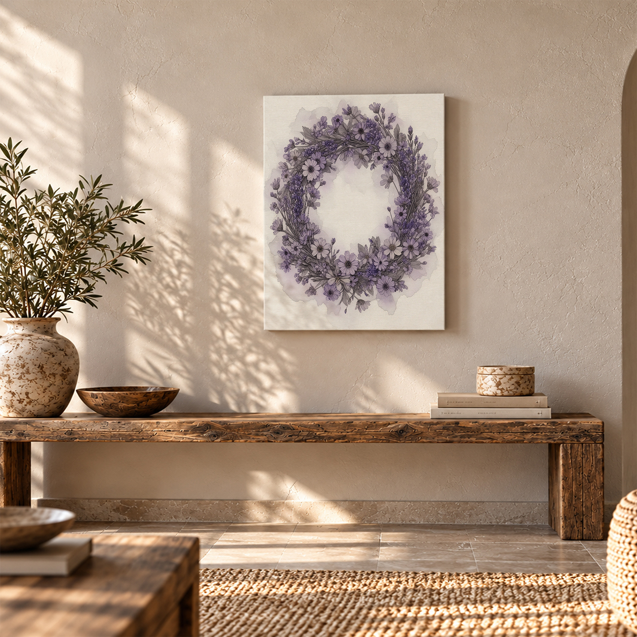 Purple Floral Wreath Framed Canvas Wall Art - Serene Watercolor Decor - Image 5