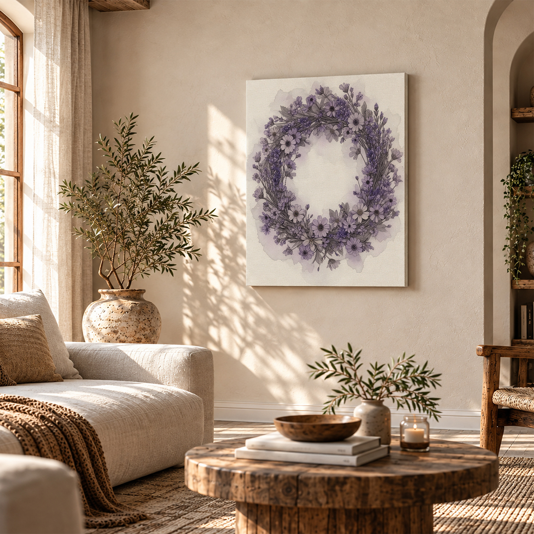 Purple Floral Wreath Framed Canvas Wall Art - Serene Watercolor Decor - Image 4
