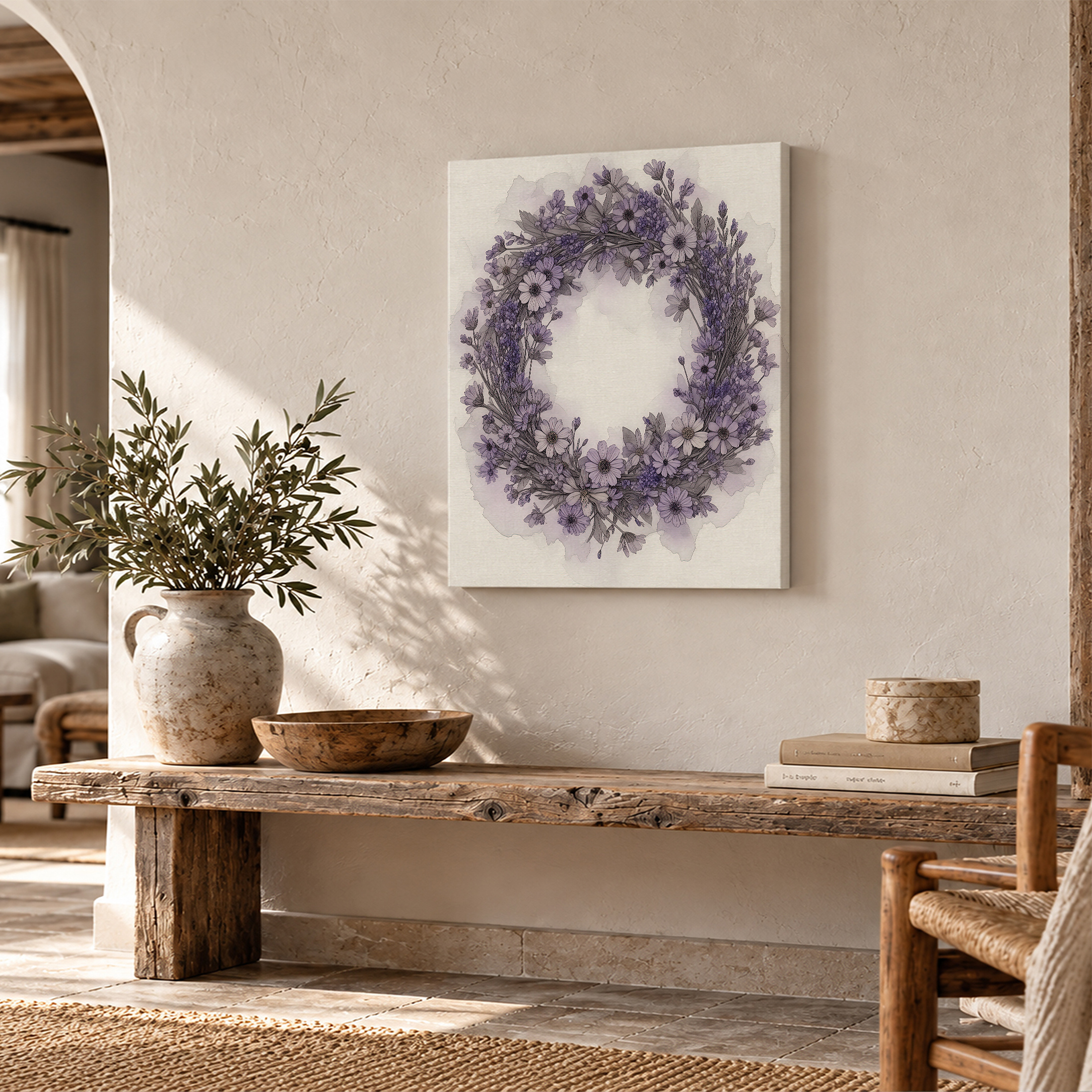 Purple Floral Wreath Framed Canvas Wall Art - Serene Watercolor Decor - Image 2