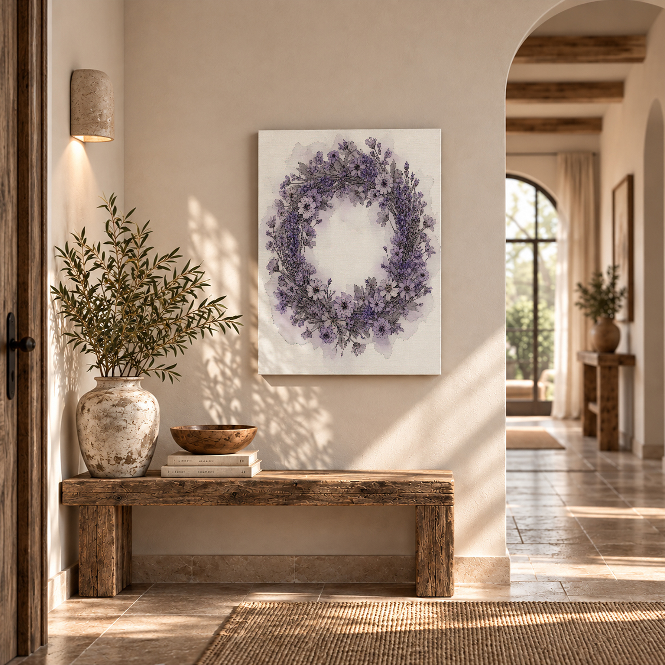 Purple Floral Wreath Framed Canvas Wall Art - Serene Watercolor Decor - Image 6