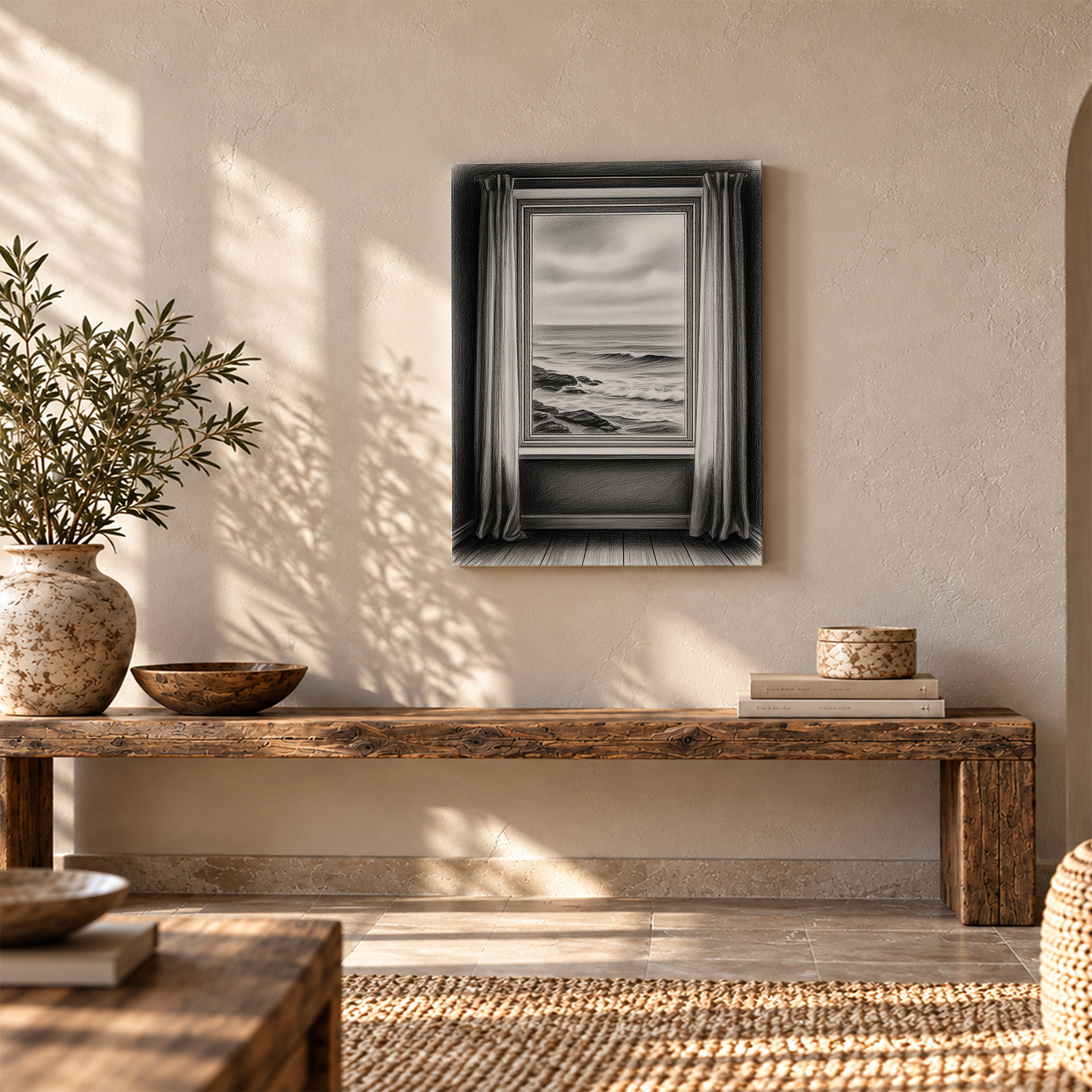 Coastal Window Seascape Framed Canvas Wall Art - Monochrome Serenity - Image 5