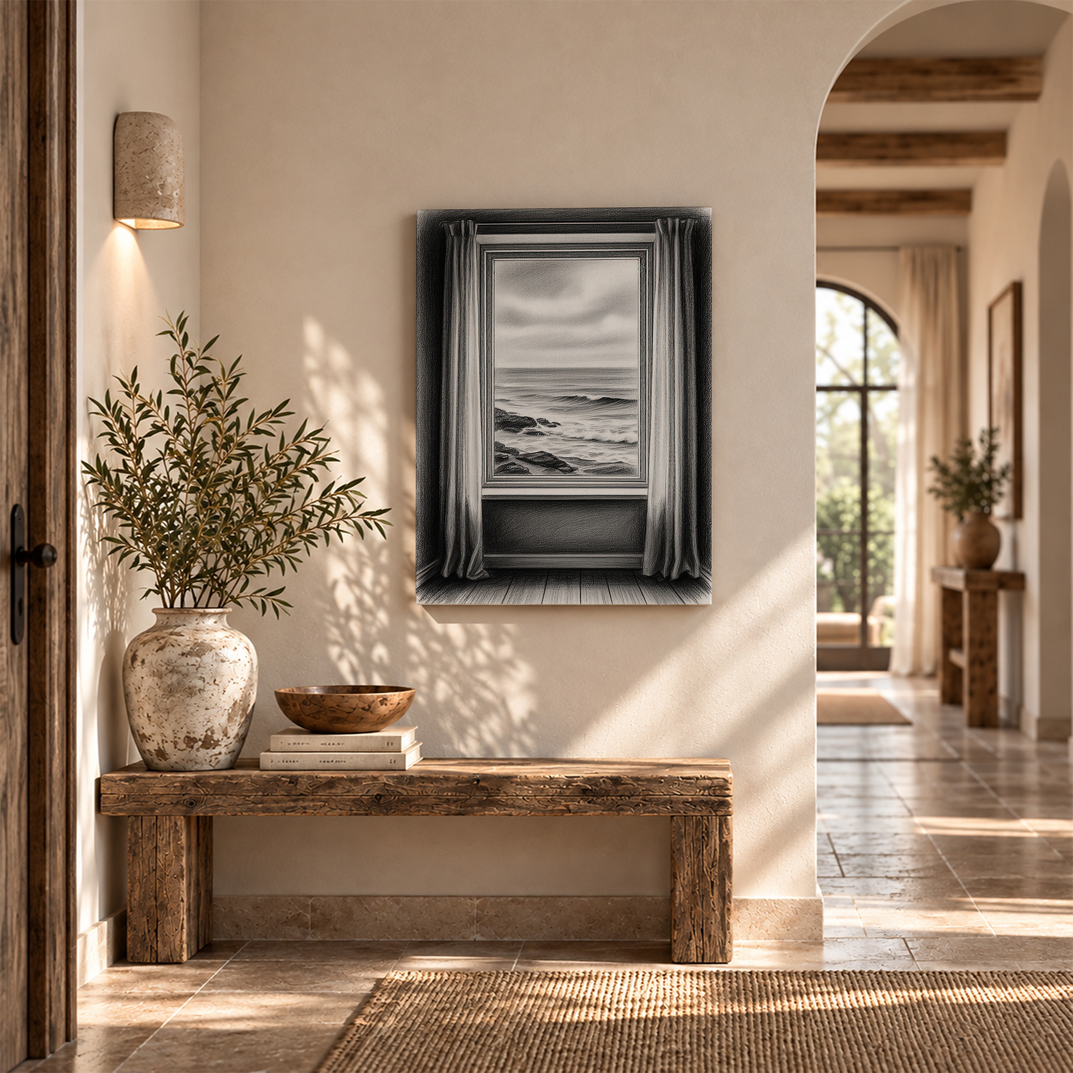 Coastal Window Seascape Framed Canvas Wall Art - Monochrome Serenity - Image 6